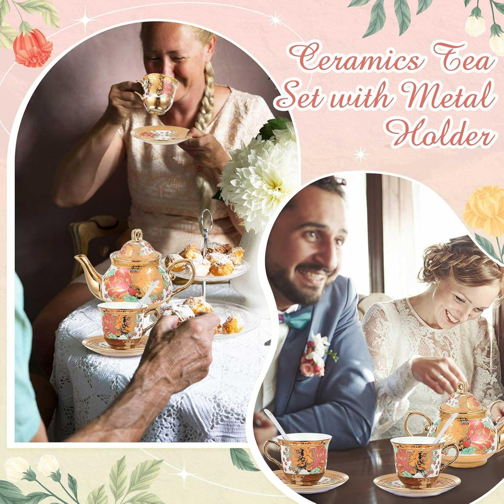 Zhehao 20 Pcs Porcelain Tea Set with Metal Holder and Spoon Adult Ceramic Tea Party Set European Flower Painting Teapot Cup Saucer Spoon Set for Women, Large Version(Stylish Style)