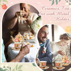 Zhehao 20 Pcs Porcelain Tea Set with Metal Holder and Spoon Adult Ceramic Tea Party Set European Flower Painting Teapot Cup Saucer Spoon Set for Women, Large Version(Stylish Style)