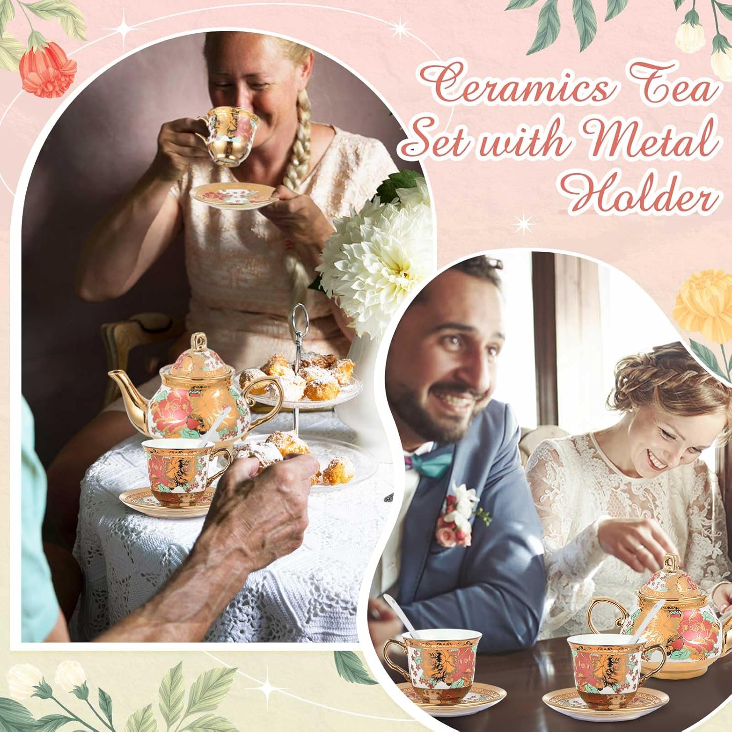 Zhehao 20 Pcs Porcelain Tea Set with Metal Holder and Spoon Adult Ceramic Tea Party Set European Flower Painting Teapot Cup Saucer Spoon Set for Women, Large Version(Stylish Style)