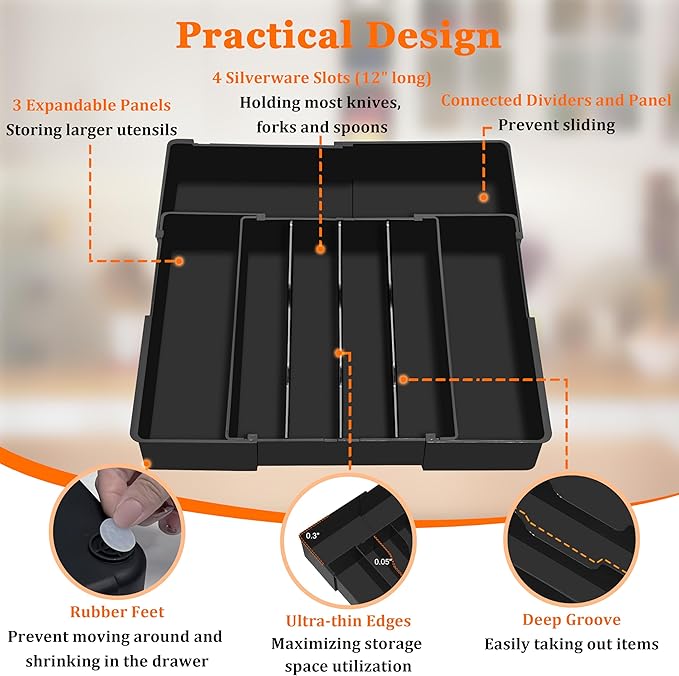 Expandable Large Silverware Organizer - BPA-Free Food-Safe Utensil Drawer Organizer Adjustable Kitchen Drawer Organizer Flatware Cutlery Tray, Classified Storage for Spoons Forks Knives