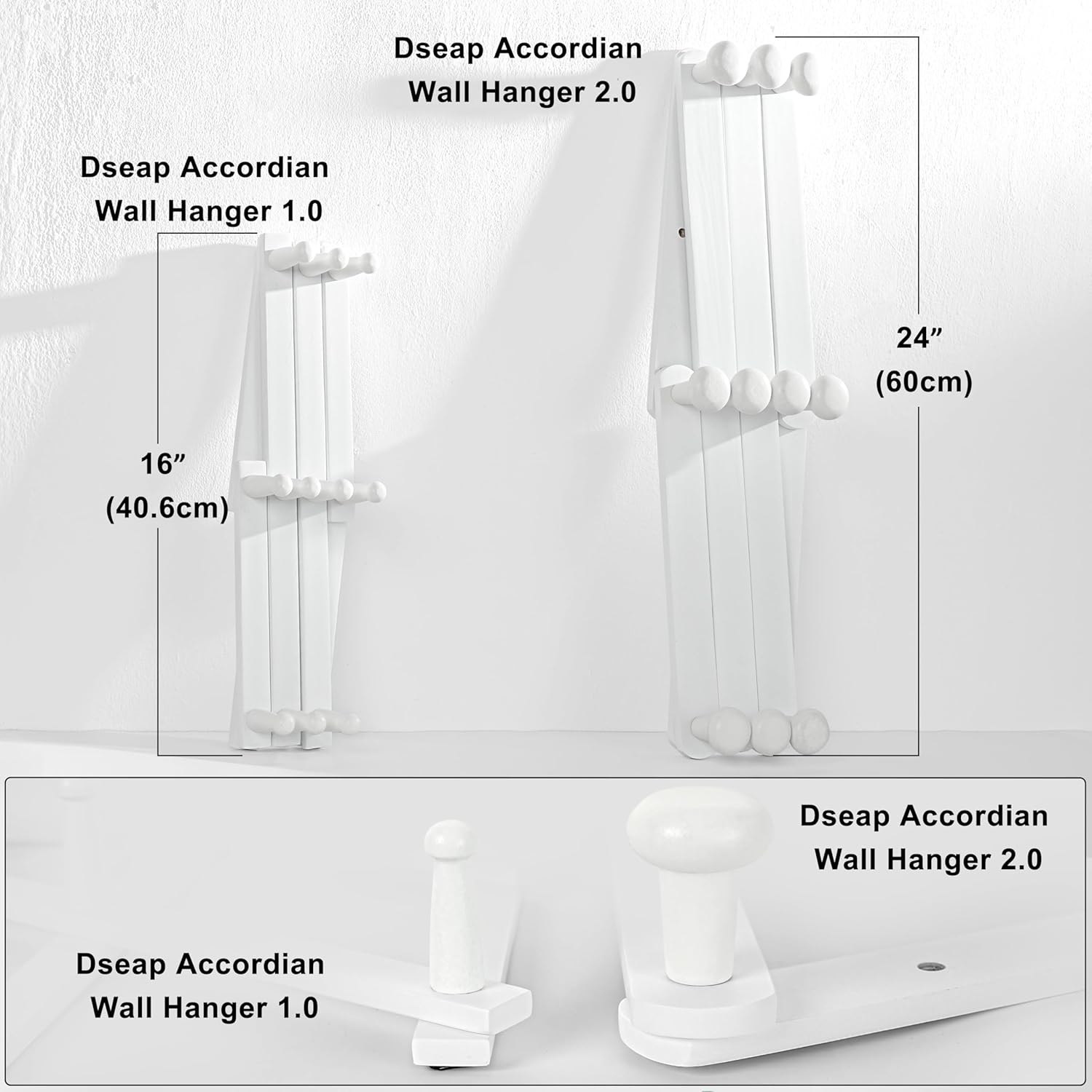 Dseap Expandable Coat Rack (Larger Version) - 24” High, Anti-Slip, Ultra Heavy Duty Wooden Accordian Wall Hanger with 10 Study Peg Hooks for Clothing Hats Jackets Bags, White