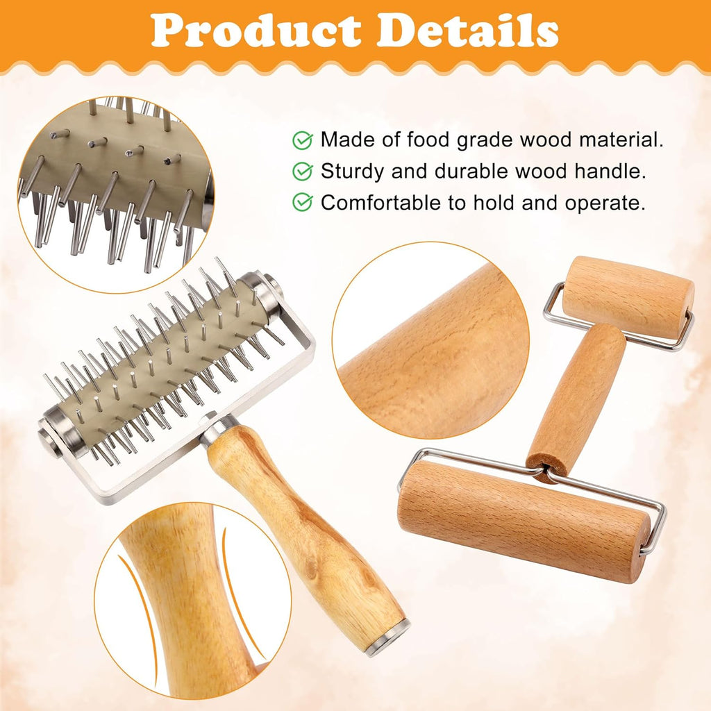 2Pcs Pizza Dough Roller & Dough Docker, Wood Rolling Pin Stainless Steel Dough Hole Puncher for Pizza, Pie, Pastry, Bread, Pasta, Cookie, Crust