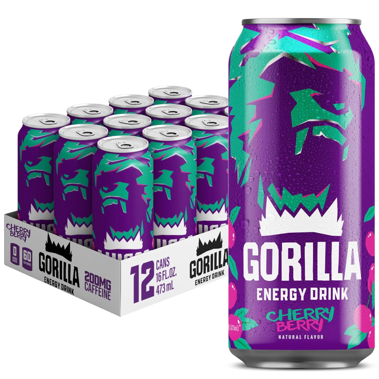 Gorilla Energy Drink, Cherry Berry, 200mg Natural Caffeine, Real Fruit Juice Squeezed & Concentrated, L-Theanine, Taurine, Ginseng, Acetyl L-Carnitine, No Added Sugar and No Artificial Colors, 12 Pack