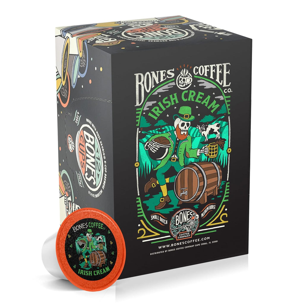 Bones Coffee Company Flavored Coffee Bones Cups Irish Cream Flavored Pods | 12ct Single-Serve Coffee Pods Compatible with Keurig 1.0 & 2.0 Keurig Coffee Maker