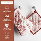 Maison d' Hermine 100% Cotton Oven Mitt & Pot Holder Set (7.5"x13" & 8"x8") Heat Resistant BBQ Cooking Gloves with Loop, Baking, Grilling, Kitchen, Handling Hot Pans (Holy Jouy - Brown)