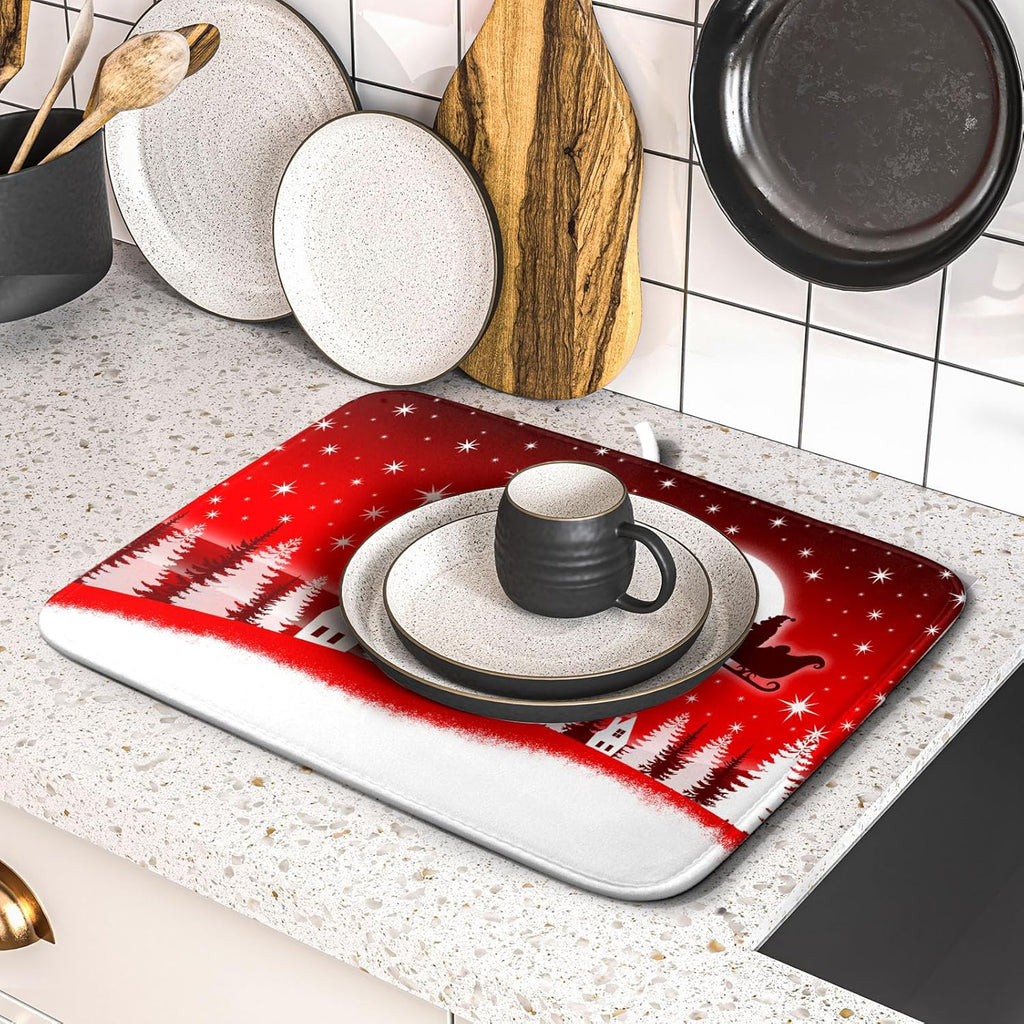Christmas Reindeer Moon Star Red Dish Drying Mat for Kitchen Counter,White Xmas Tree Castle Drying Mat 16 x 18 Inch with Absorbent Reversible Microfiber Dish Drying Pad for Coffee Bar