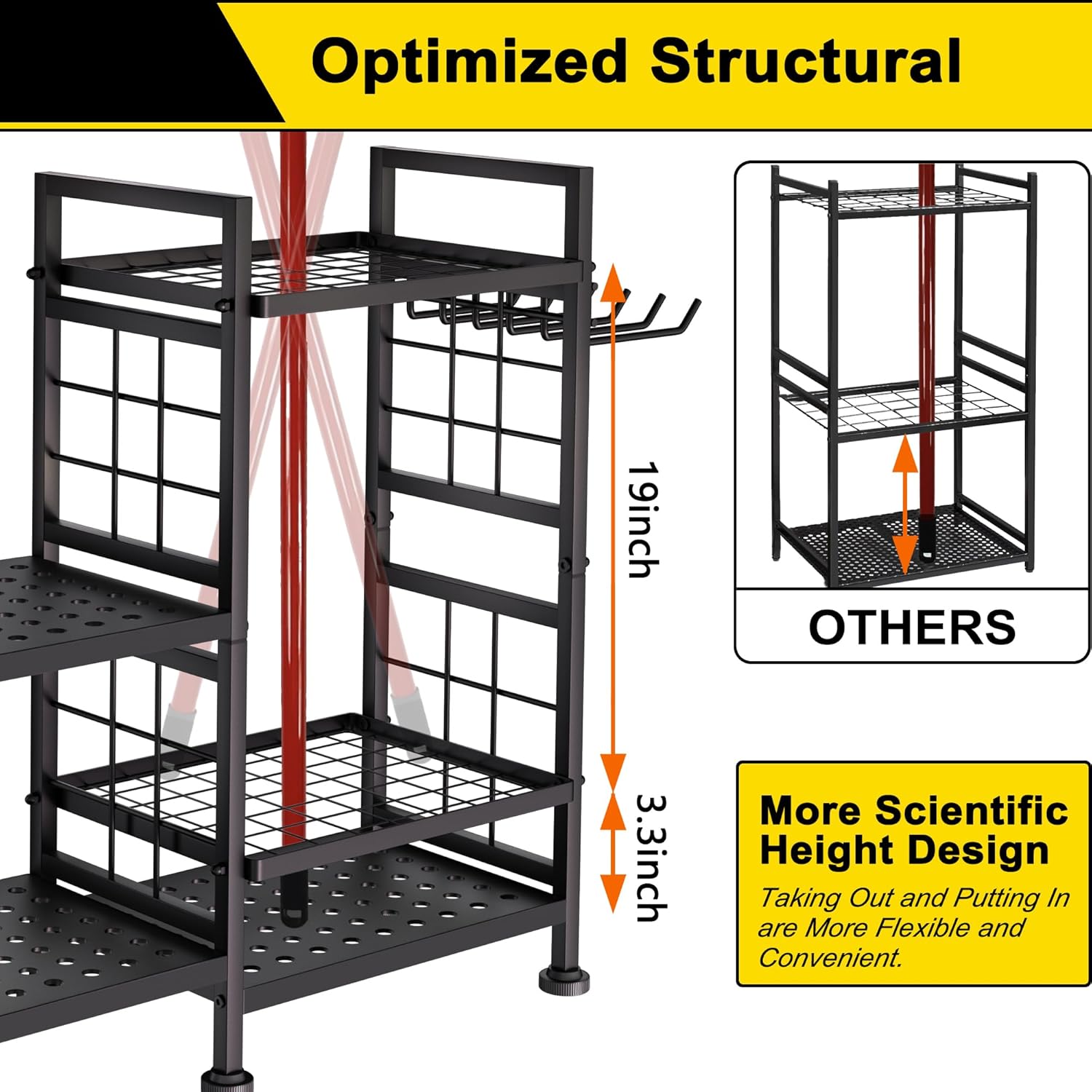 GIOTORENT 5 Tier Garden Tool Organizer, Metal Yard Tools Storage Rack, Garage Storage and Organization, Heavy Duty Garden Tool Organizer for Garage, Yard, Patio, Shed, Indoors and Outdoors, Black