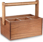 Acacia Silverware Caddy, Natural Wooden Flatware Organizer with Adjustable Handle, Outdoor Utensil Holder Box Multi-Purpose Storage Container for Kitchen Counter, Party, Table, Camping, Picnic