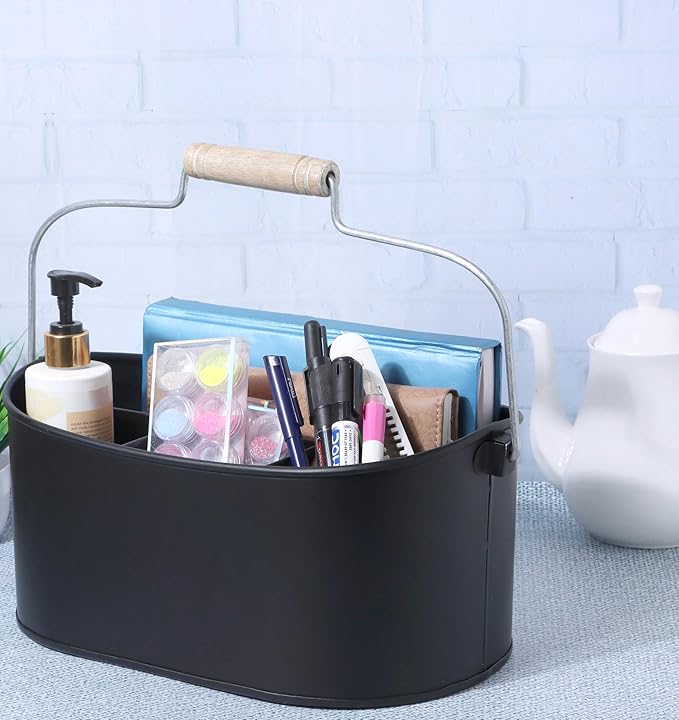 Alpha Living Home 4-Compartment Metal Flatware Caddy Silverware & Condiment Holder Cutlery Organizer Flatware Organizer - Perfect for Kitchen, Dining, and Picnics (Black)