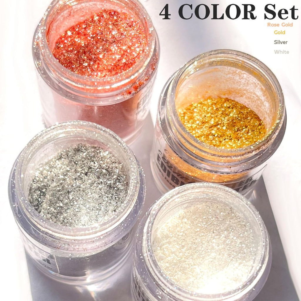Edible Glitter for Drinks Cakes Christmas Set - Colaele 4 Colors Shimmering Luster Dust Disco Glitter Food Grade Metallic Food Coloring Glimmer for Strawberries, Chocolates, Fondant, Pops, Vegan