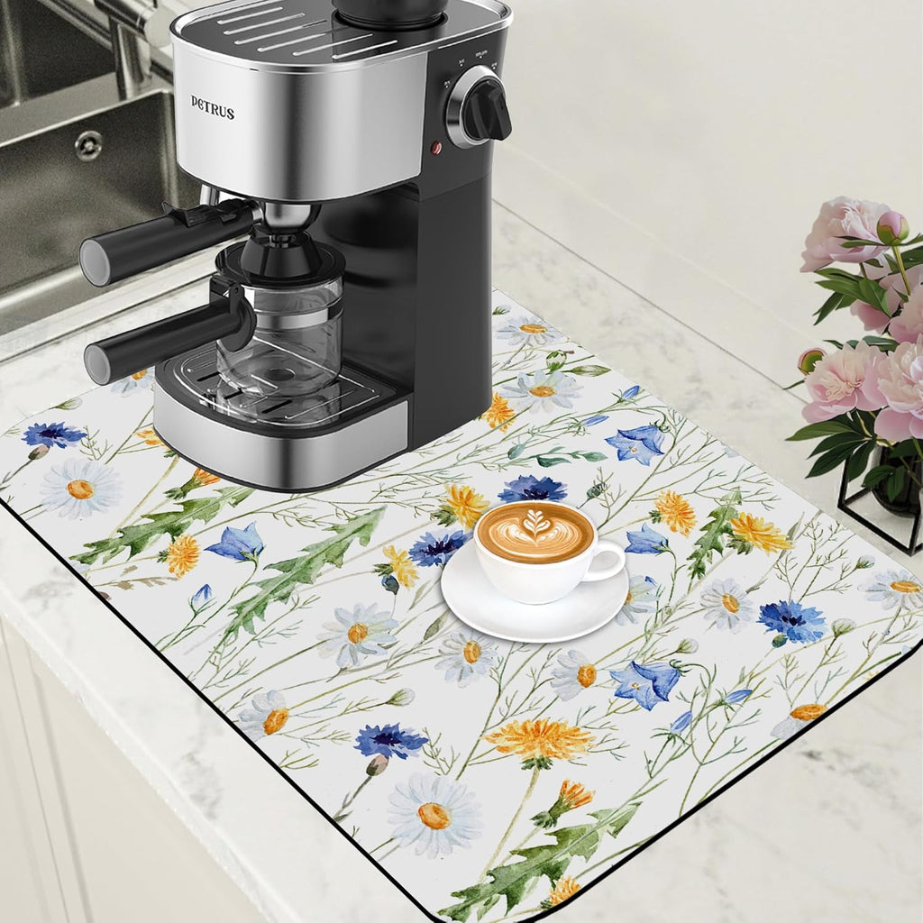 Watercolor Wildflower Dish Drying Mat for Kitchen Counter Coffee Mat Hide Stain Absorbent Rubber Backed Drying Rack Pad Espresso Machine Coffee Bar Accessories 15.7 x 23.6 Inch