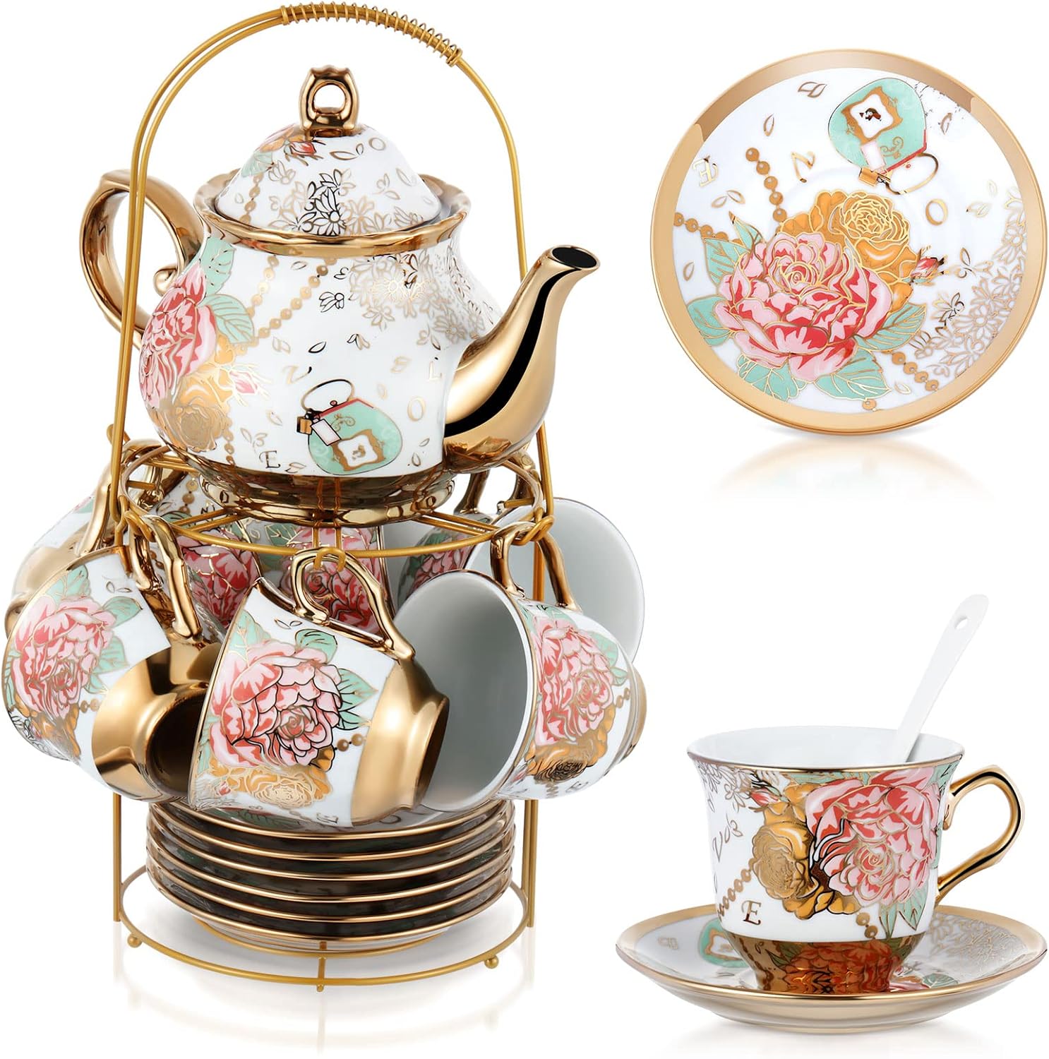 Zhehao 20 Pcs Porcelain Tea Set with Metal Holder and Spoon Adult Ceramic Tea Party Set European Flower Painting Teapot Cup Saucer Spoon Set for Women, Large Version(Bright Style)