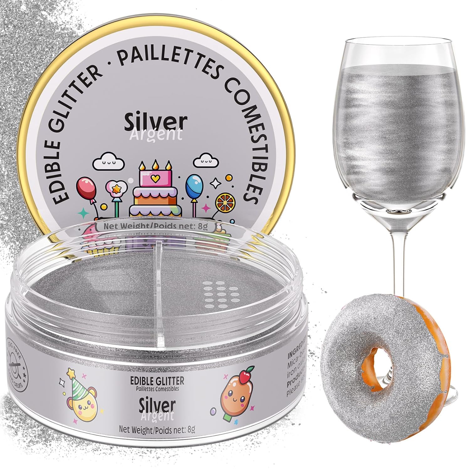 Nomeca Edible Glitter for Drinks Cakes, 8 grams Food Grade Luster Dust Sprinkles Glitter for Cake Decorations, DIY Cocktails, Beverages & Cake Decorating, Dessert Cake Topper (2-Silver)