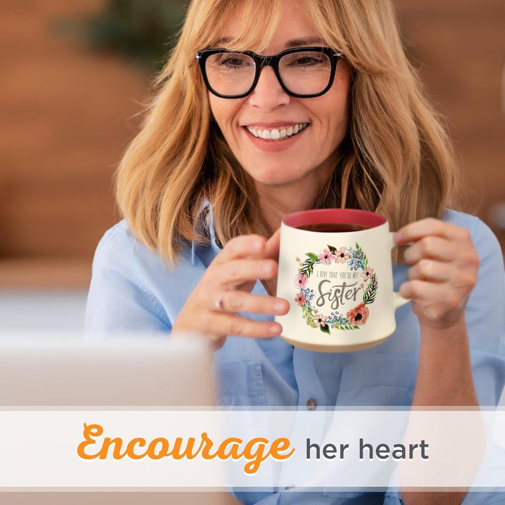 Christian Art Gifts Floral Pink Ceramic Coffee Mug – 14 oz. Microwave and Dishwasher-Safe Inspirational Scripture Coffee and Tea Mug for Women with Bible Verse: Love That You're My Sister –Eccles. 4:9