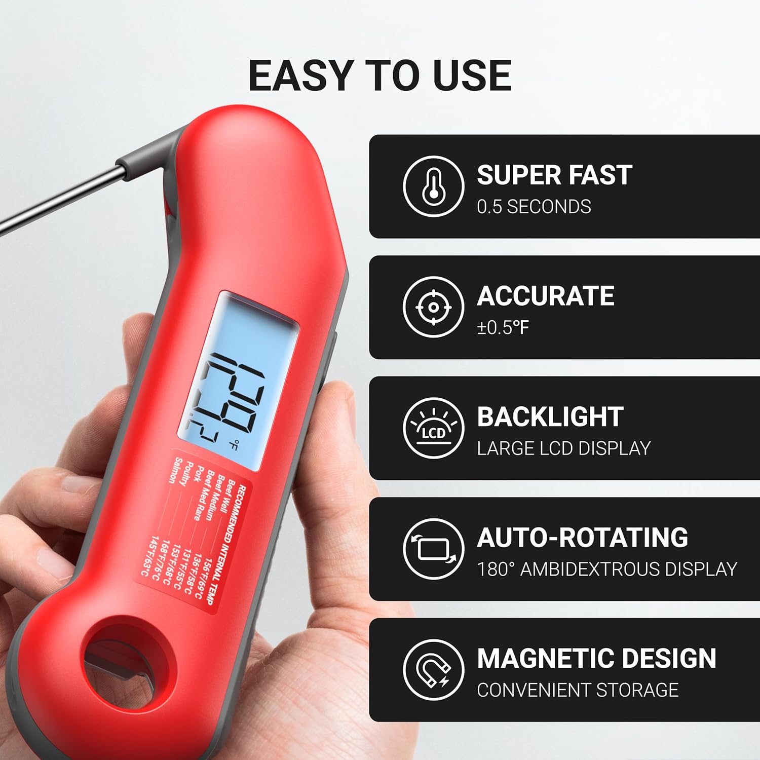Professional Meat Thermometer Digital, Ultra-Fast 0.5 Sec Instant Read, NIST Certified ±0.5°F Accuracy, 100% Waterproof, Auto-Rotating Backlit Display, Lift-to-Wake, for BBQ/Cooking/Candy