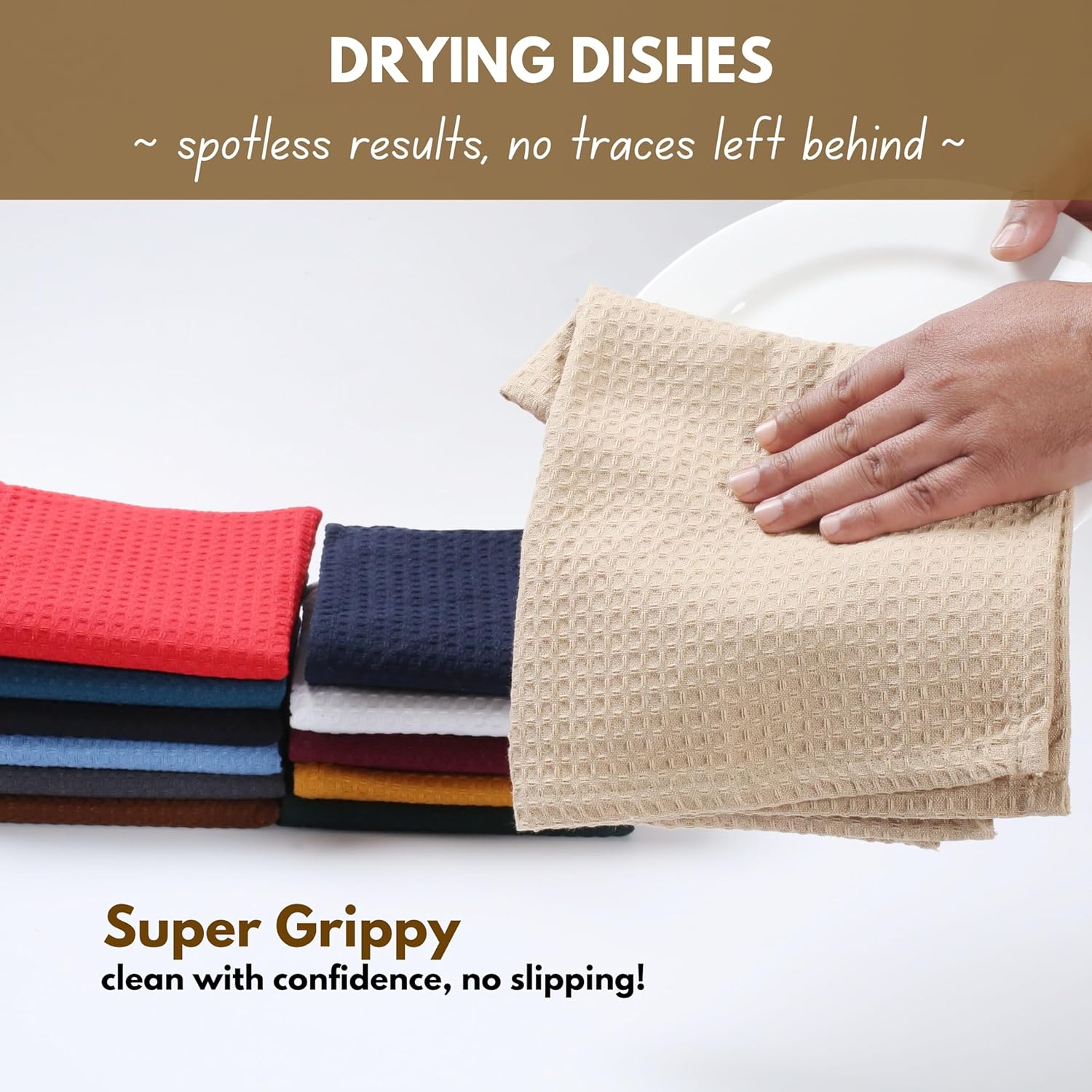 Native Fab Cotton Kitchen Towel with Hanging Loop 16x26 inches, 4-Pack, Waffle Weave Kitchen Towels for Cleaning Drying, Washcloths Soft & Absorbent Cloth Rags, Bar Towel, Dish Cloth, Beige