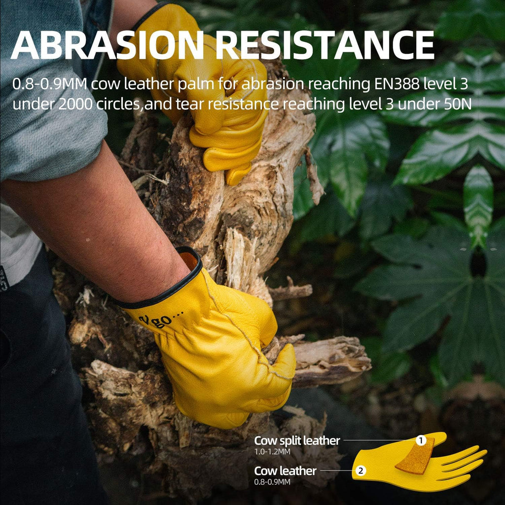 Vgo... 1-Pair Unlined Cow Grain Leather Work and Driver Gloves with Cow Split Leather Palm Patch (Size XL, Gold,CA9590)