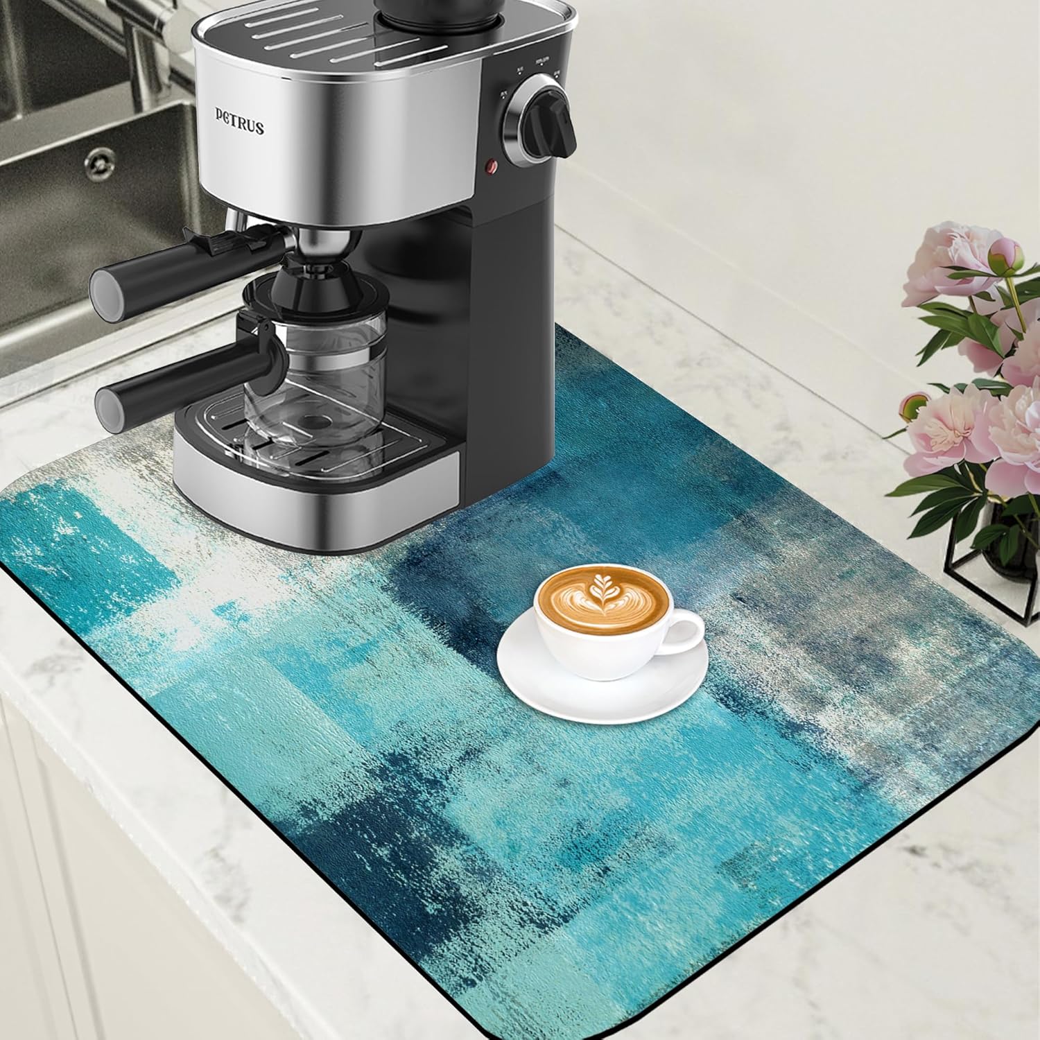 Teal and Grey Abstract Art Dish Drying Mat for Kitchen Counter Hide Stain Absorbent Coffee Mat Rubber Backed Drying Rack Pad Espresso Machine Coffee Bar Accessories 15.7 x 23.6 Inch