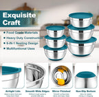 TeamFar Mixing Bowls, Stainless Steel Nesting Salad Bowl with Lids & 3 Graters, For Kitchen Cooking Serving Prepping, Airtight & Non-Slip, Size 4.6/3.5/2/1.5/1/0.7 QT, Set of 5 & Blue