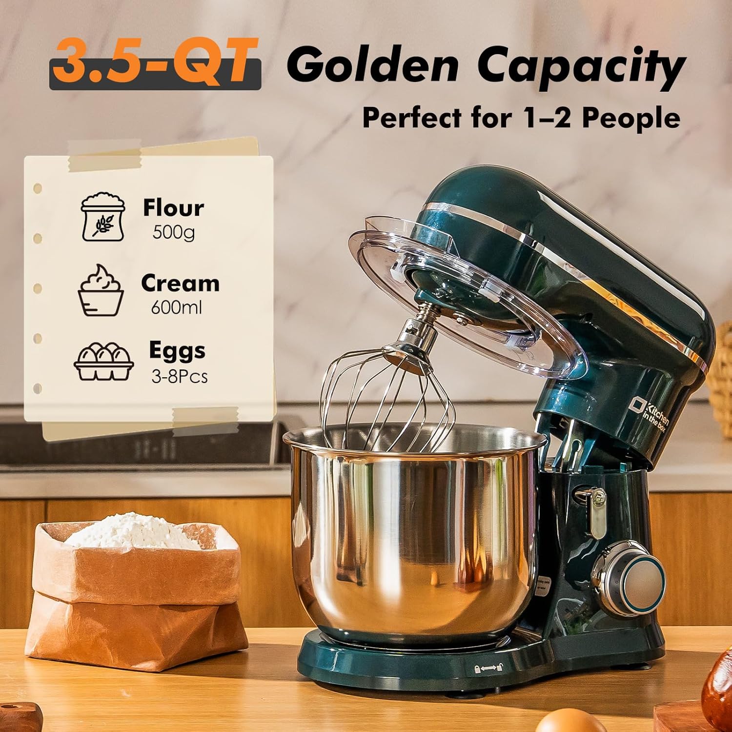 Kitchen in the Box Stand Mixer, 3.5 QT Small Electric Kitchen Mixer, 10-Speed Portable Lightweight Food Mixer with Stainless Steel Bowl, Egg Whisk, Dough Hook, Beater (Dark Green)