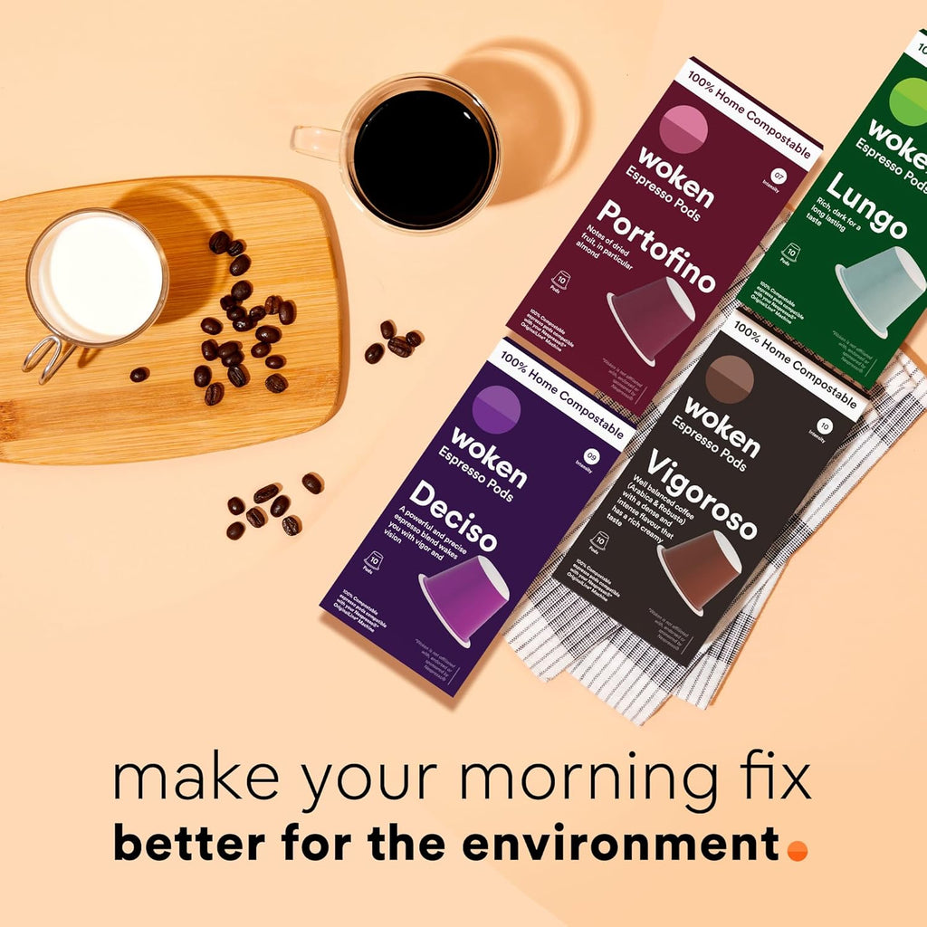 Woken Coffee Compostable Nespresso Pods Variety Pack - Dark and Medium Roast Italian Espresso Compostable Coffee Pods Compatible with Nespresso Machine (40 Pod Count, 4 Boxes)