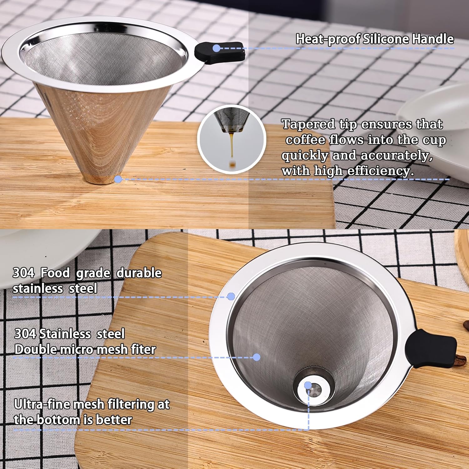 Small Size Pour Over Coffee Filter Dripper, Stainless Steel Metal Cone Drip Coffee Filter, Paperless and Permanently Reusable, Double Mesh Coffee,Tea Filter for 1-2 Cups