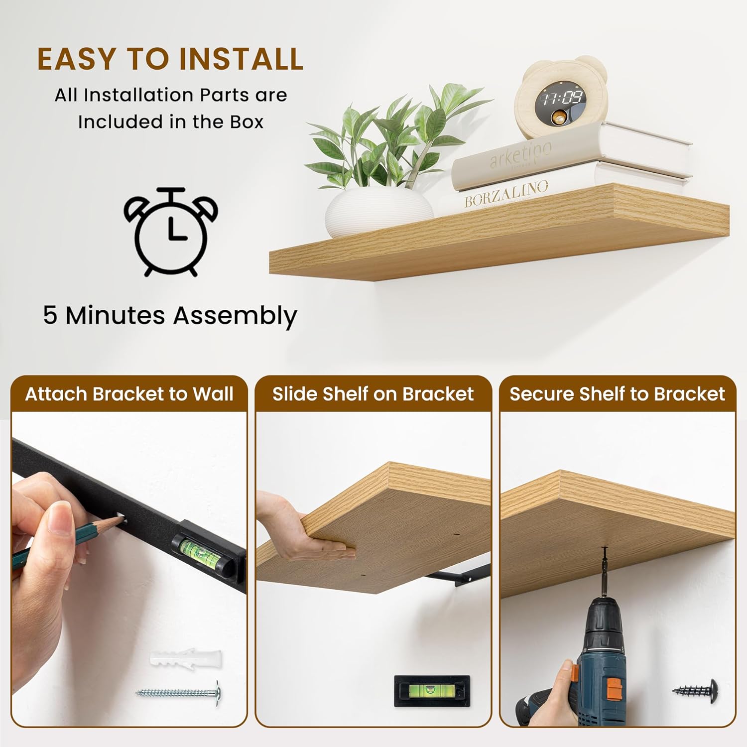 Fun Memories 40 Inch Deep Floating Shelves for Wall, 2 Pack of Wall Mounted Wood Shelves with Invisible Brackets for Bathroom, Bedroom, Kitchen Decor and Storage, Oak