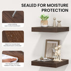 Square Floating Shelves for Wall, 8" W x 8" D x 1.2" H, Small Wooden Wall Mounted Display Shelves with Invisible Brackets for Living Room, Bedroom, Bathroom, Kitchen Decor, Set of 4, Walnut