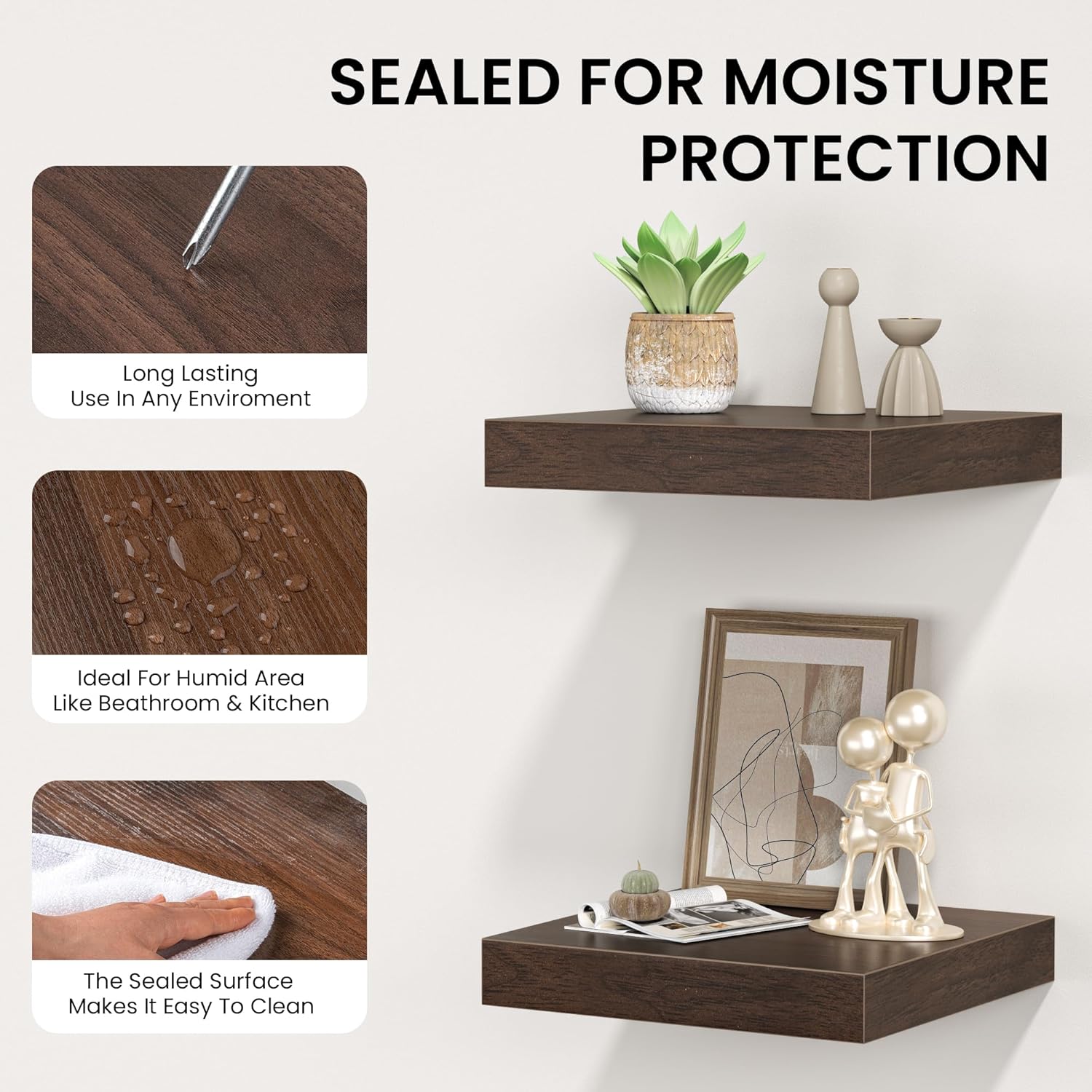 Square Floating Shelves for Wall, 8" W x 8" D x 1.2" H, Small Wooden Wall Mounted Display Shelves with Invisible Brackets for Living Room, Bedroom, Bathroom, Kitchen Decor, Set of 4, Walnut