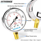 MEANLIN MEASURE -30inHG~250Psi Stainless Steel 1/4" NPT 2.5" FACE DIAL Vacuum Pressure Gauge, Lower Mount, with 1/4" x 1/2" NPT and 1/4" x 3/8" NPT Hex Bushing