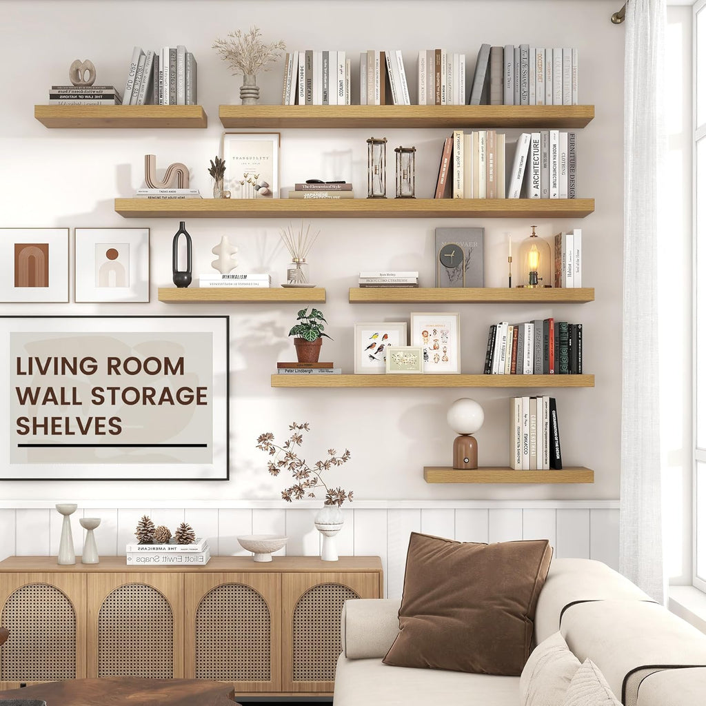 Floating Shelves for Wall, 2 Large Wall Mounted Shelves with Invisible Brackets, Long Wood Floating Wall Shelf Shelves for Living Room, Bedroom, Kitchen, (Oak, 24" W x 9" D x 1.5" H)