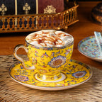 KAMMAK Tea Cups and Saucers Set of 2, Porcelain Coffee Cups with Saucer for Espresso, Cappuccino, 7.5oz Vintage Yellow and Blue Ceramic Demitasse Mug for Home, Tea Party, Office