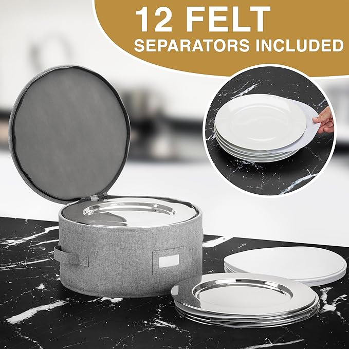 China Storage Case for Salad Plate - 10" W x 6" H - Includes 12 Felt Dividers. Hard Shell and Stackable with Padded Interior