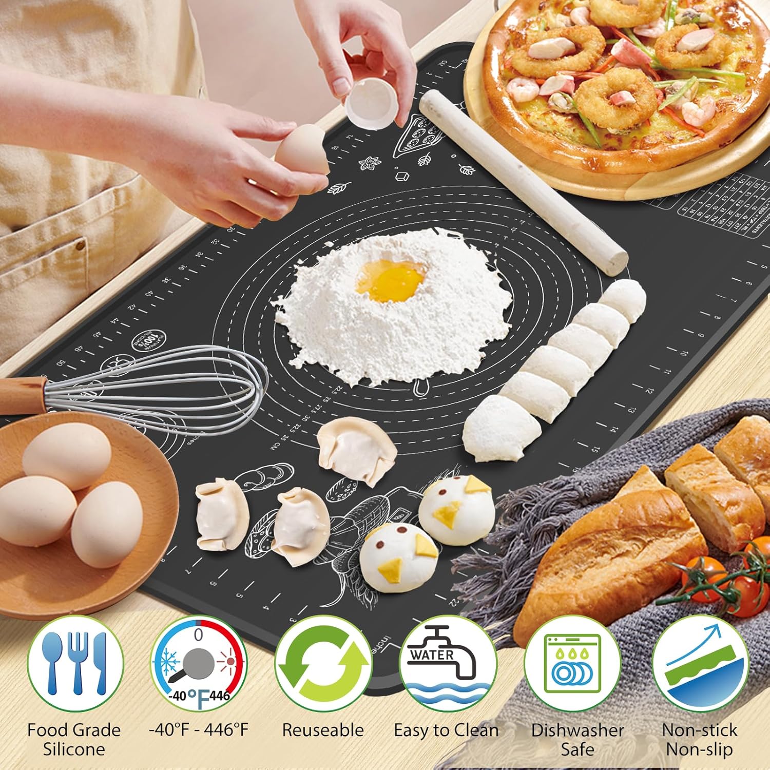 Silicone Baking Mat 28" x 20" Extra Thickness Dough Rolling Mat with Measurements and Edge Heightening, Non-stick Food Grade Silicone Pastry Mat for Pastry, Bread, Cookies, Pizza, Fondant, Pasta-Black