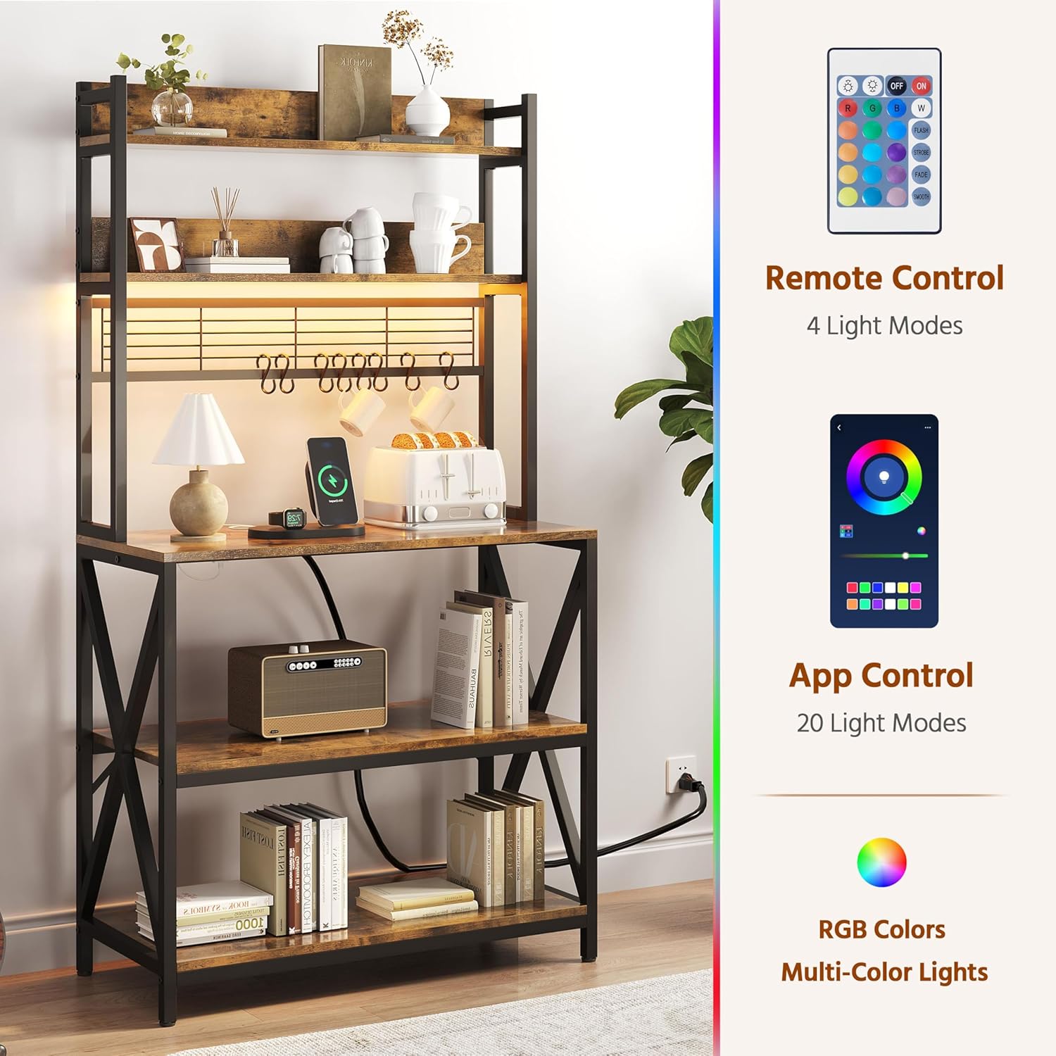 Yaheetech Kitchen Bakers Rack with Power Outlet & LED Lights, 5 Tiers Coffee Bar Table with 8 S Hooks, 64 Inches Tall Microwave Oven Stand with Storage for Spices, Pots, Rustic Brown