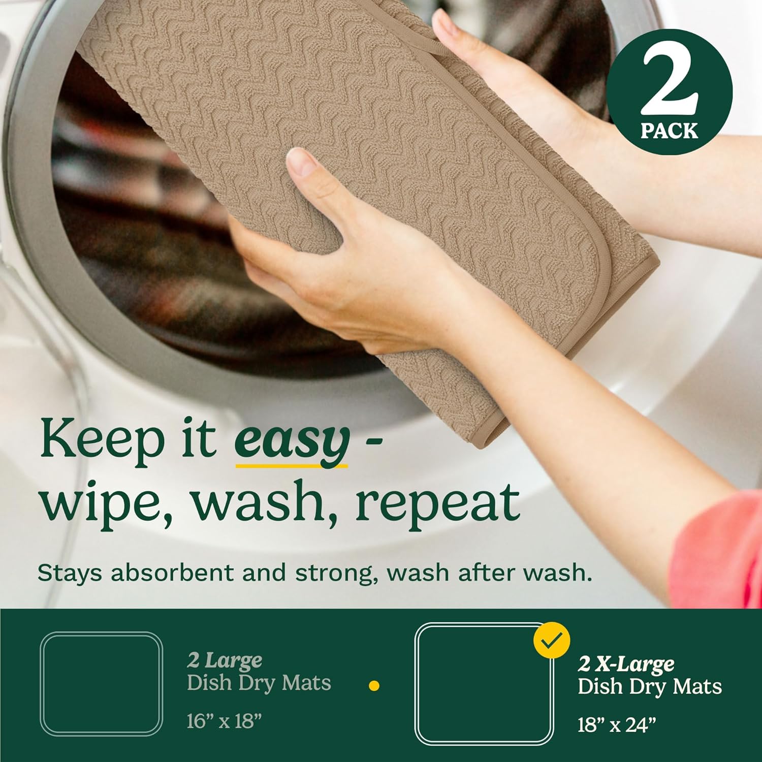 Cuisinart Dish Drying Mats for Kitchen Counter - (2) 18" x 24" Ultra Absorbent Dish Drying Mat XL - Foldable, Machine Washable, Fast Drying Dish Mat (Geostripe)