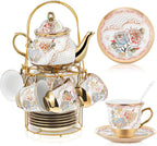 Zhehao 20 Pcs Porcelain Tea Set with Metal Holder and Spoon Adult Ceramic Tea Party Set European Flower Painting Teapot Cup Saucer Spoon Set for Women, Large Version(Minimalist Style)