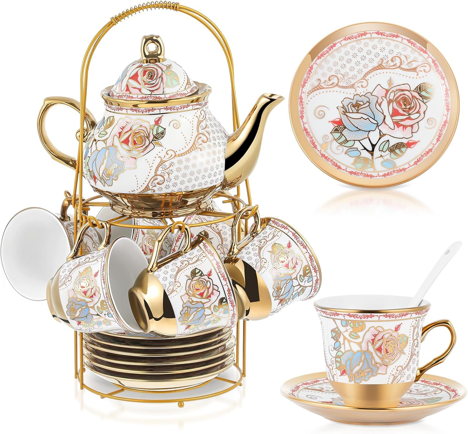 Zhehao 20 Pcs Porcelain Tea Set with Metal Holder and Spoon Adult Ceramic Tea Party Set European Flower Painting Teapot Cup Saucer Spoon Set for Women, Large Version(Minimalist Style)