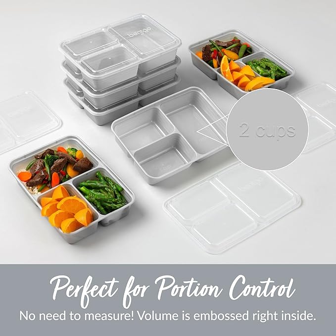 Bentgo Prep - 20-Piece 3-Compartment Reusable Meal Prep Containers with Lids, PFAS & BPA Free Materials, Durable, Microwave, Freezer, & Dishwasher Safe To Go Food Storage (Silver)