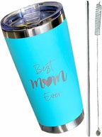 QualityVibe Best Mom Ever 20 Oz Insulated Stainless Steel Tumbler With Lid, Straw & Brush. Gift Idea For Mom Birthday, Mother's Day Or New Mom. Laser Engraved. Aqua