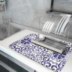 Boho Ethnic Design Dish Drying Mat for Kitchen Counter,Blue Bohemian Mandala Drying Mat 18 x 24 Inch with High Absorbent Reversible Microfiber Dish Drying Pad Dish Rack Pad Drainer Mat for Coffee Bar