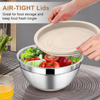 LIANYU Stainless Steel Mixing Bowls Set with Airtight Lids, 6 Piece Nesting Metal Bowls for Kitchen Baking Cooking Serving Food Storage, Size 7, 3.5, 2.5, 2, 1.5, 1QT, Non-slip Bottom, Khaki