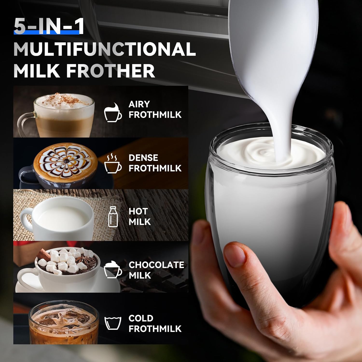 5-in-1 Milk Frother and Steamer, 21 oz Split Milk Frother, Removable Automatic Electric Milk Frother Dishwasher Safe, for Latte, Cappuccino, Hot and Cold Milk Froth, Chocolate Milk