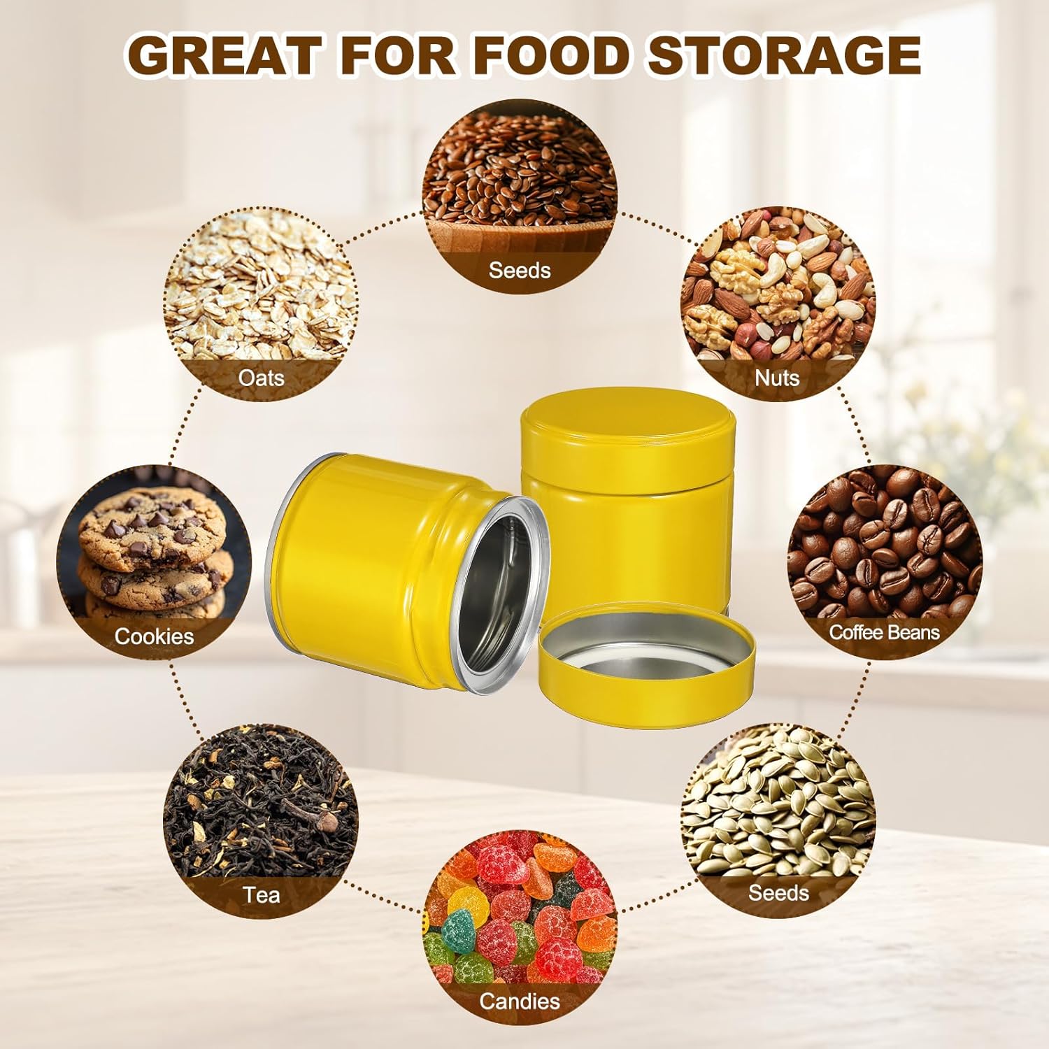 uxcell 2Pcs Round Tea Canisters, 3" x 3" Airtight Metal Tea Containers for Loose Tea, Coffee Beans, Spices - Durable, Compact, and Stylish Storage Tea Tin (Yellow)