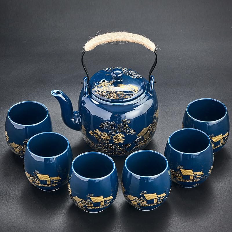 Japanese Tea Set, Black Glazed Tea Set in Gift Box With 1 Teapot, 1 Tea Strainer, 1 Tea Tray and 6 Tea Cups. Ideal Tea Set for Office Home, Asian Tea Sets for Tea Lovers(Country Blue)