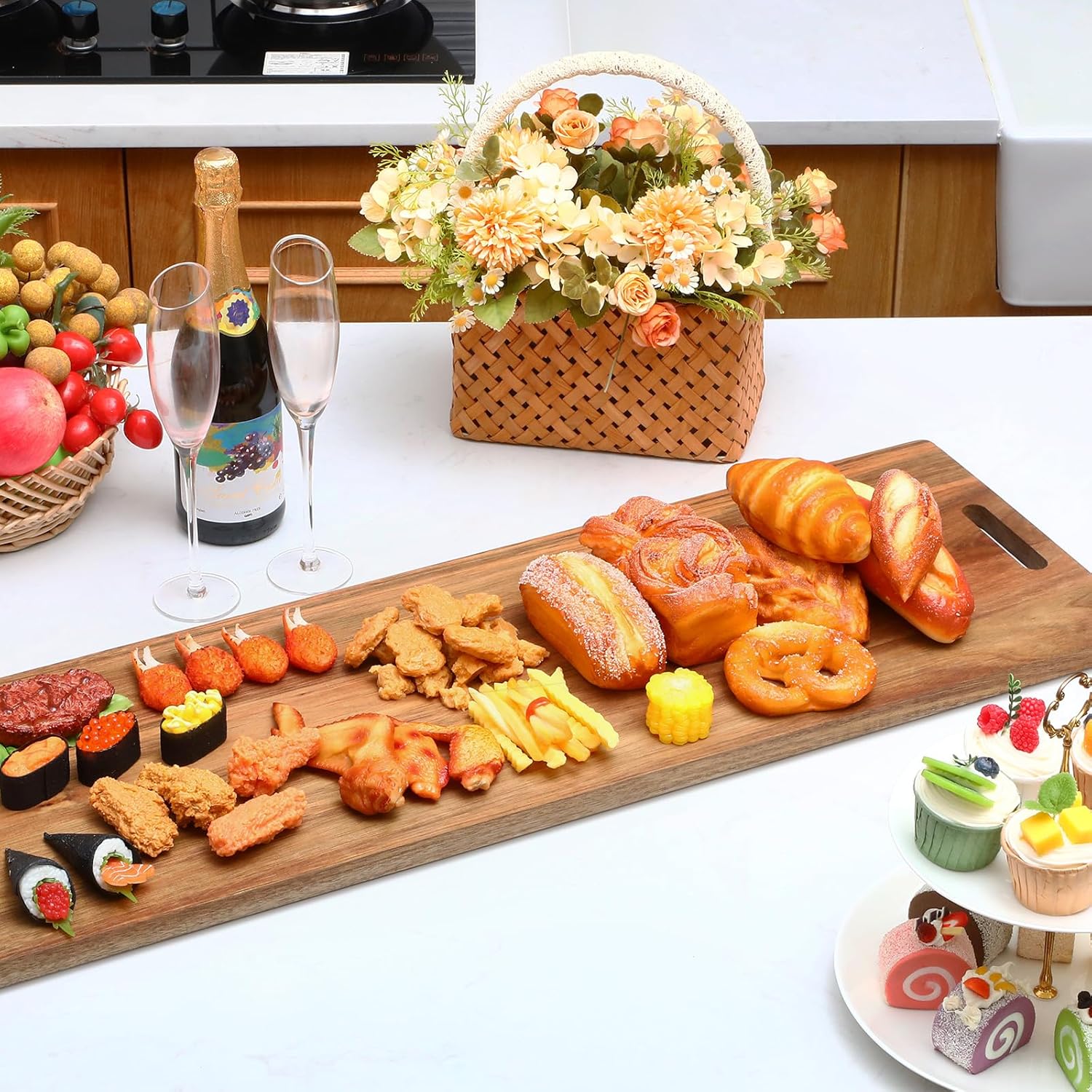 Skylety 4 Pieces 35.4" Acacia Wooden Cheese Serving Board with Handles Large Charcuterie Board Wooden Cutting Board for Appetizers Food, Cheese Board for Bread Meat Display Kitchen Decoration