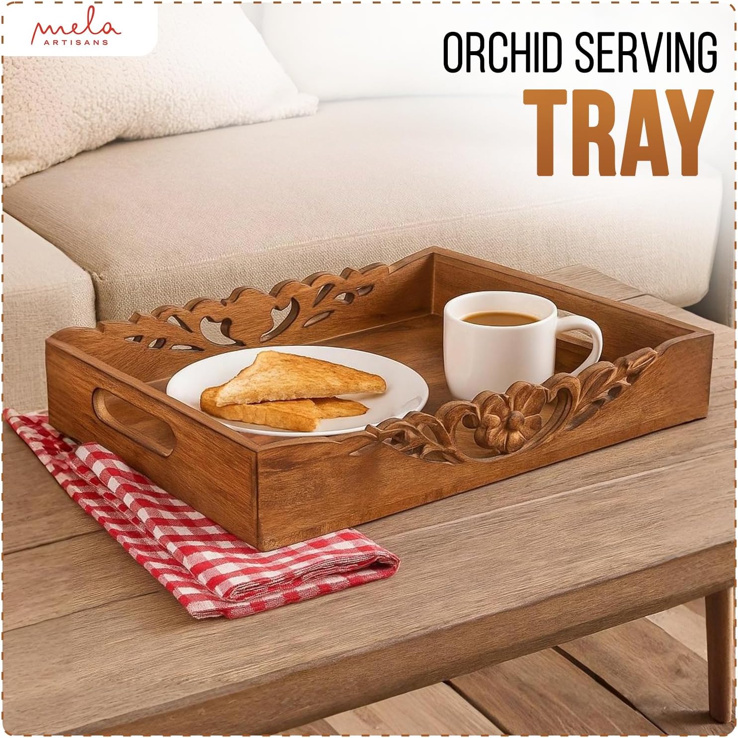 Mela Artisans Orchid Design Wooden Decorative Tray with Handles | 16x12x2.5 Mango Wood Ottoman Tray | for Kitchen Countertop | Coffee Table | Snacks | Desserts | Breads | Bedroom Decor