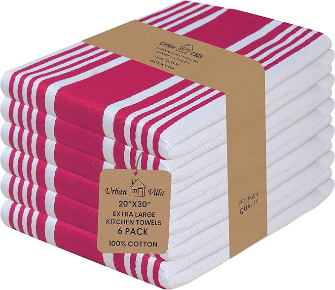 Urban Villa Kitchen Towels 100% Cotton Pack of 6, Highly Absorbent Quick Drying Super Soft Premium Dish Towels 20x30 Inch for Kitchen with Hanging Loop Hand & Tea Towels - Pink/White