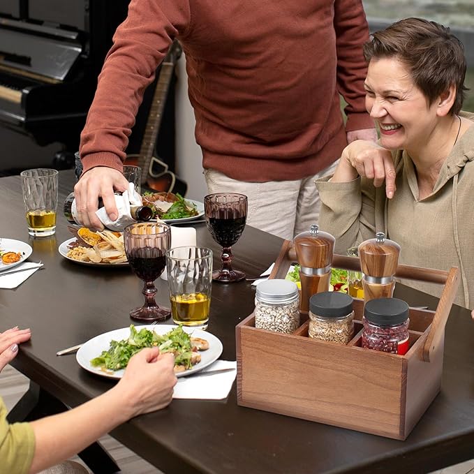 Acacia Silverware Caddy, Natural Wooden Flatware Organizer with Adjustable Handle, Outdoor Utensil Holder Box Multi-Purpose Storage Container for Kitchen Counter, Party, Table, Camping, Picnic