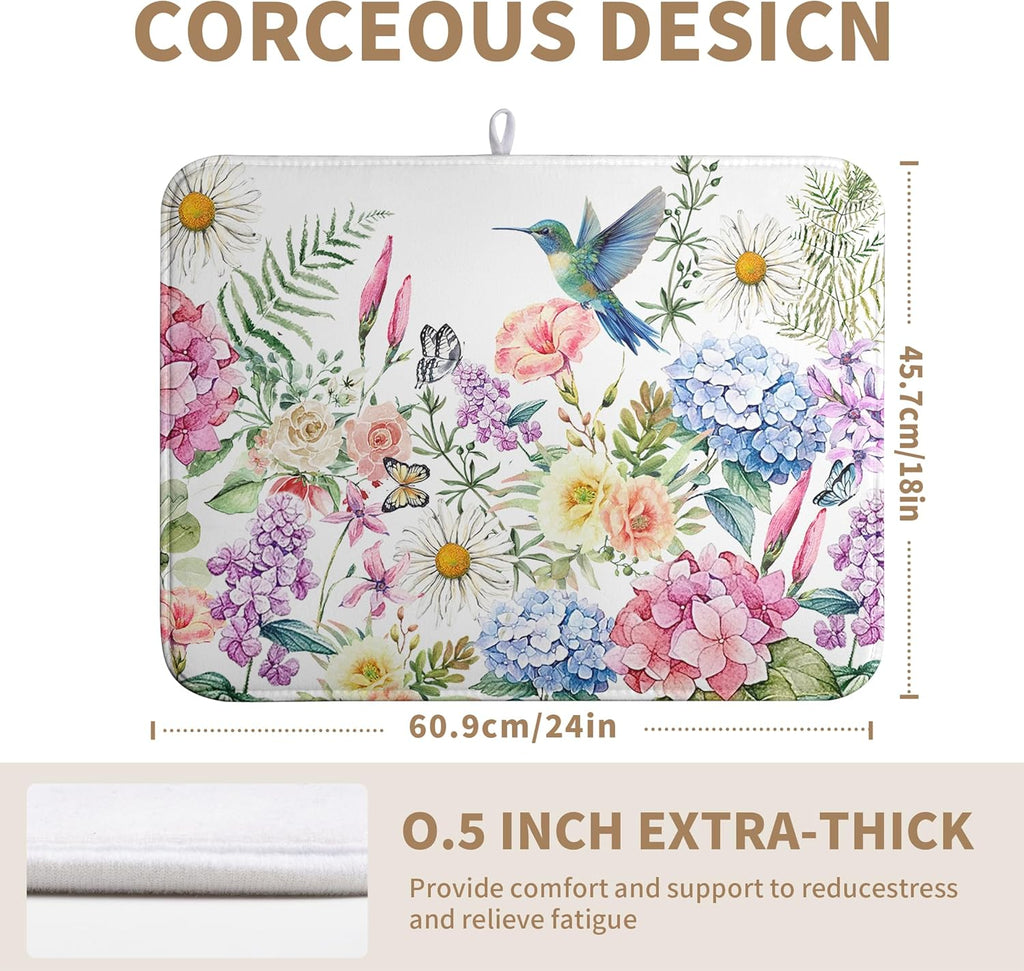 Spring Floral Birds Dish Drying Mat Summer Butterfly Flowers Kitchen Dish Drying Pad Daisy Absorbent Dish Dryer Mat for Kitchen Countertops Microfiber Dishes Drainer Pad (18x24 in)